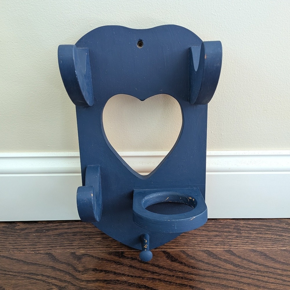 Vintage Wood Heart Shaped Wall Mounted Hair Dryer Holder Blue Cottagecore